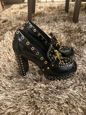 Kurt Geiger Black Leather Platform Loafers with Gold Stud & Heart Accents